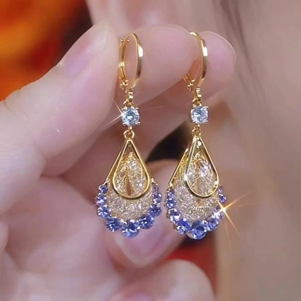 Gold wire mesh coffee color crystal water drop earrings earrings female earrings light luxury high-end atmospheric earrings earrings
