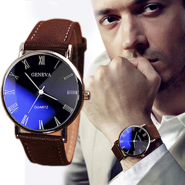 Korean fashion trend business men's watch alloy case blue light colorful up Roman numerals leather belt casual men's watch